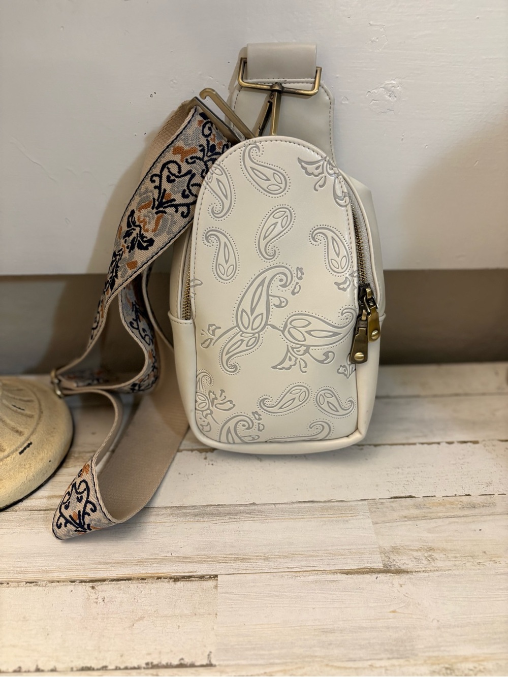 Cream Paisley Embossed Crossbody Sling Bag with Patterned Strap